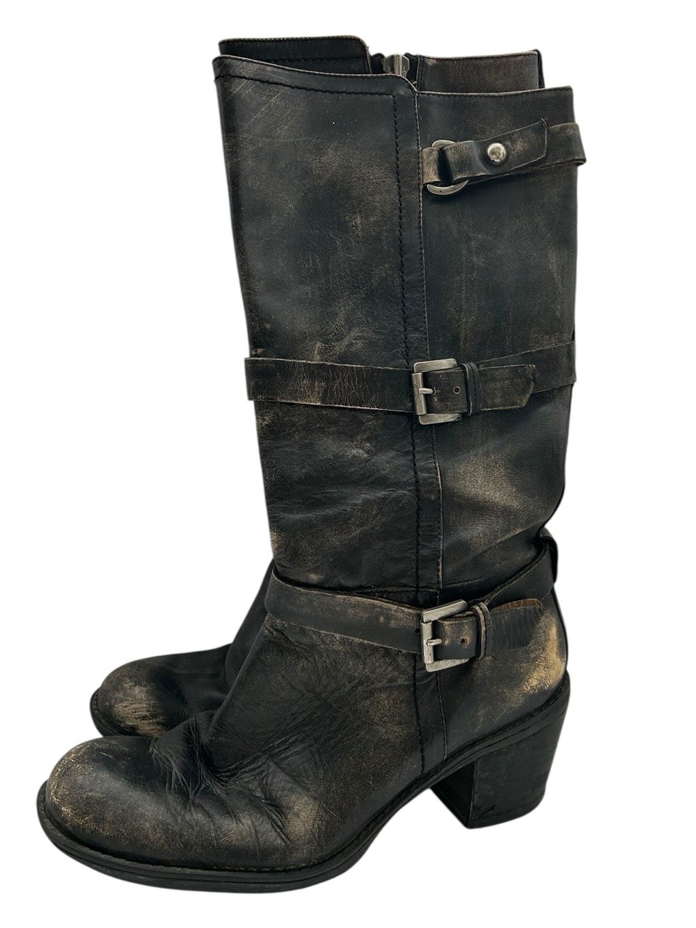 Nine West Black Leather Mid-Calf Buckle Motorcycle Riding Boots